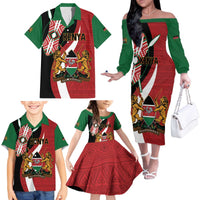 Custom Kenya Football Family Matching Off The Shoulder Long Sleeve Dress and Hawaiian Shirt Maasai Shield Coat Of Arms Style