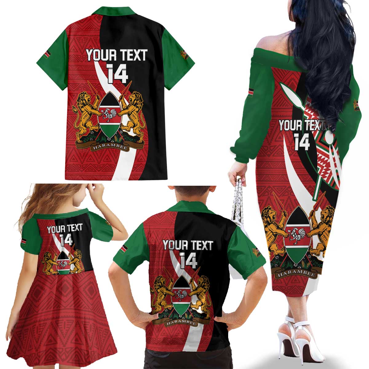 Custom Kenya Football Family Matching Off The Shoulder Long Sleeve Dress and Hawaiian Shirt Maasai Shield Coat Of Arms Style