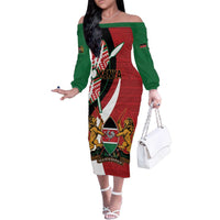 Custom Kenya Football Family Matching Off The Shoulder Long Sleeve Dress and Hawaiian Shirt Maasai Shield Coat Of Arms Style