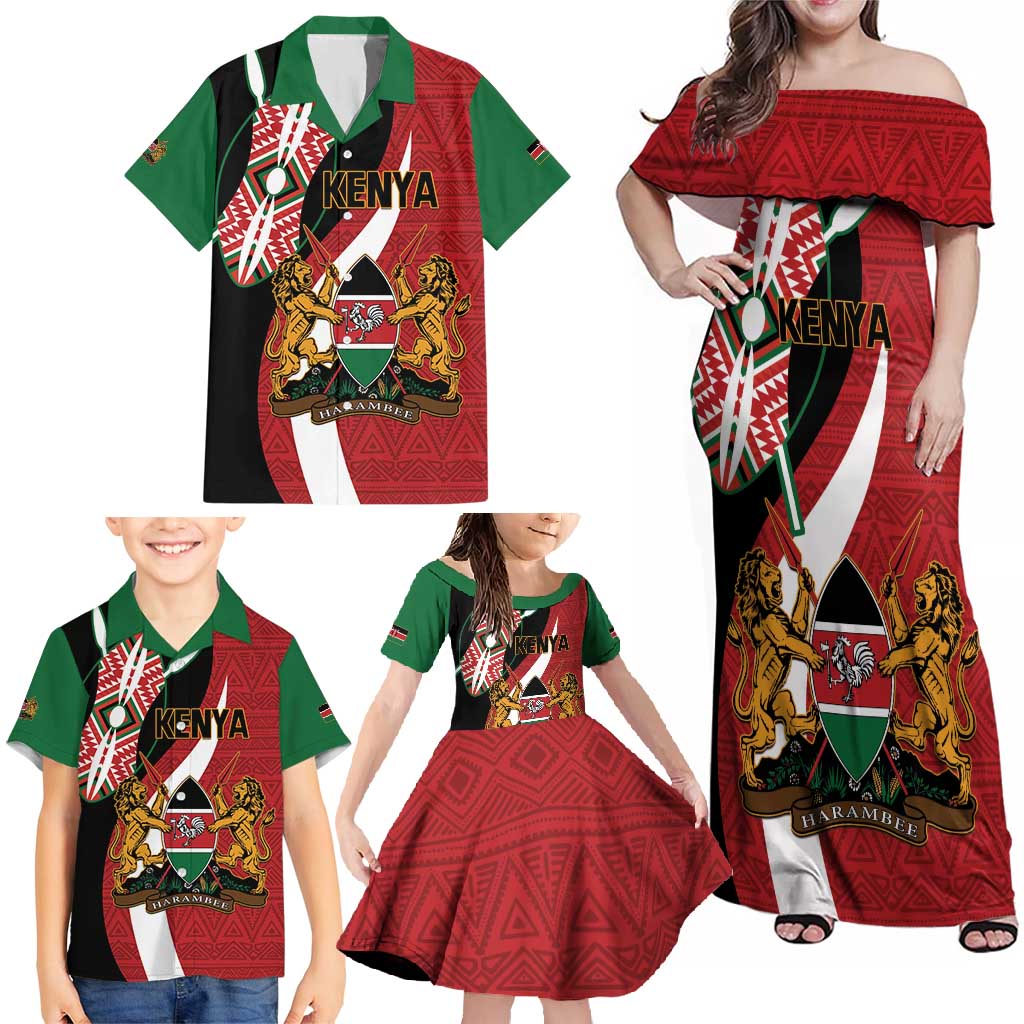 Custom Kenya Football Family Matching Off Shoulder Maxi Dress and Hawaiian Shirt Maasai Shield Coat Of Arms Style