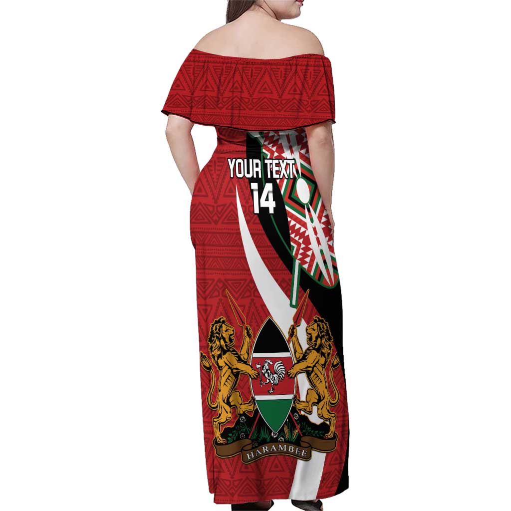 Custom Kenya Football Family Matching Off Shoulder Maxi Dress and Hawaiian Shirt Maasai Shield Coat Of Arms Style