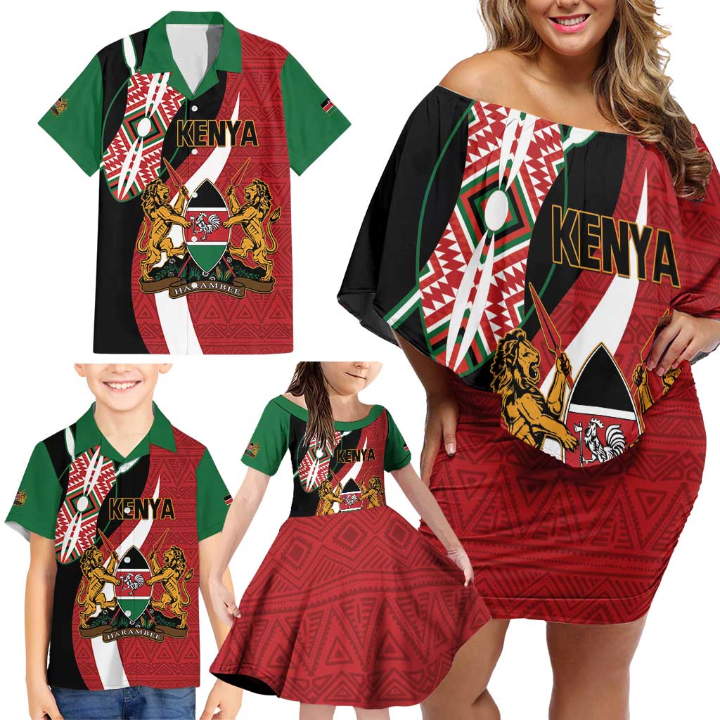 Custom Kenya Football Family Matching Off Shoulder Short Dress and Hawaiian Shirt Maasai Shield Coat Of Arms Style