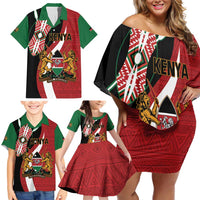 Custom Kenya Football Family Matching Off Shoulder Short Dress and Hawaiian Shirt Maasai Shield Coat Of Arms Style