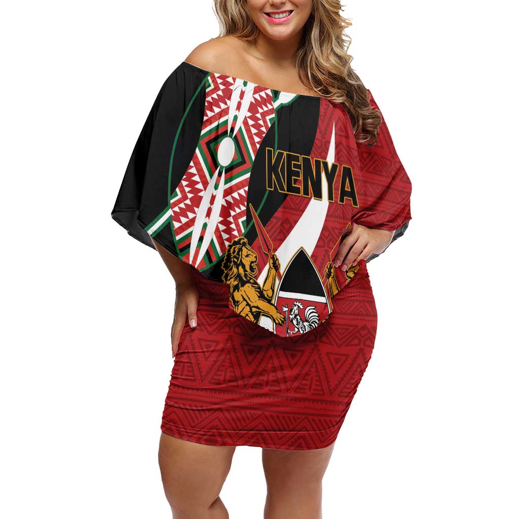 Custom Kenya Football Family Matching Off Shoulder Short Dress and Hawaiian Shirt Maasai Shield Coat Of Arms Style