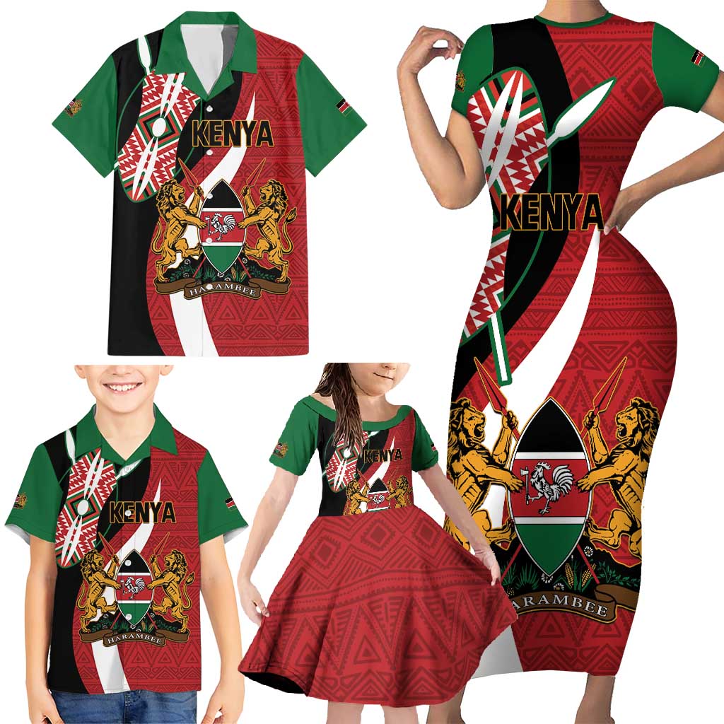 Custom Kenya Football Family Matching Short Sleeve Bodycon Dress and Hawaiian Shirt Maasai Shield Coat Of Arms Style