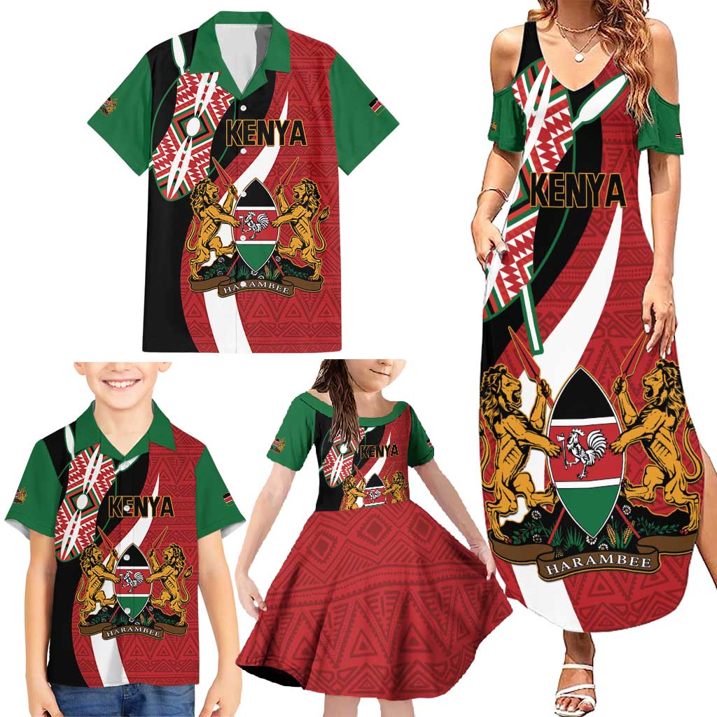 Custom Kenya Football Family Matching Summer Maxi Dress and Hawaiian Shirt Maasai Shield Coat Of Arms Style