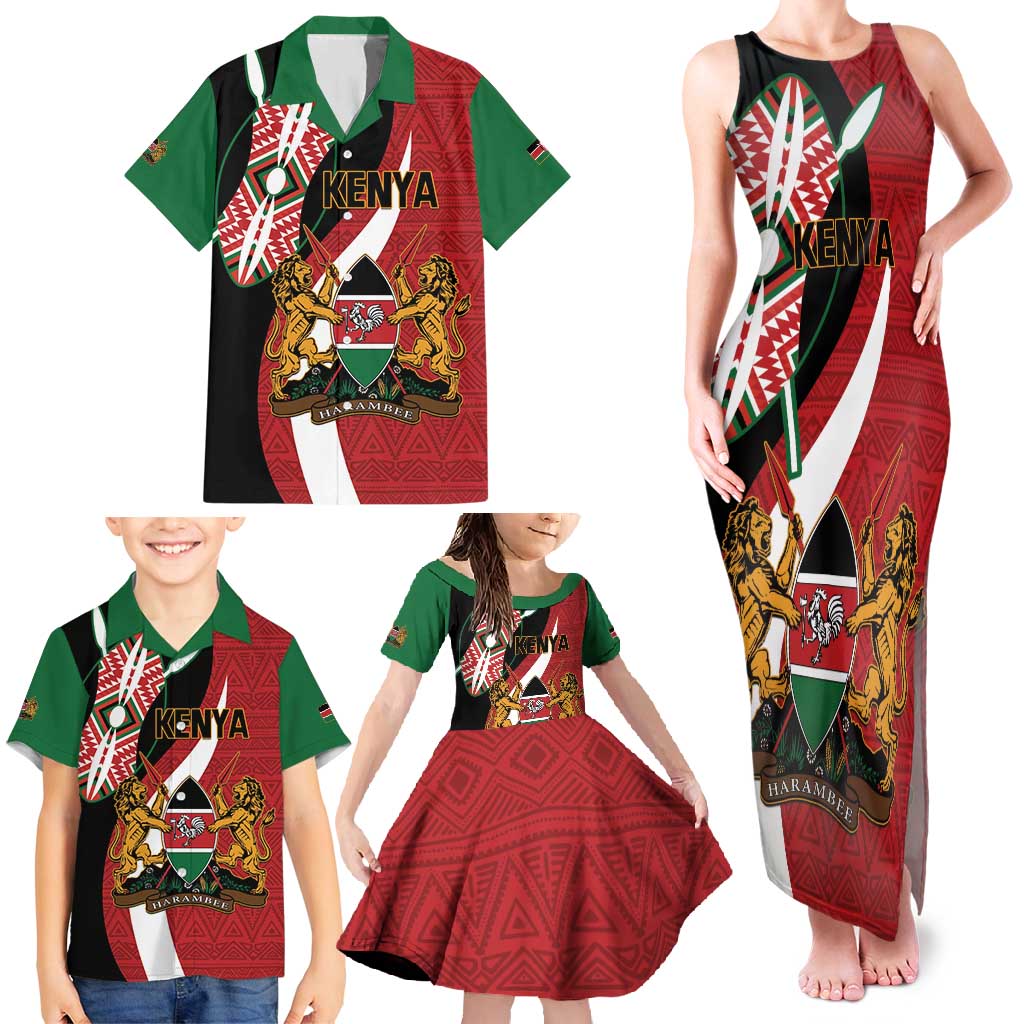 Custom Kenya Football Family Matching Tank Maxi Dress and Hawaiian Shirt Maasai Shield Coat Of Arms Style