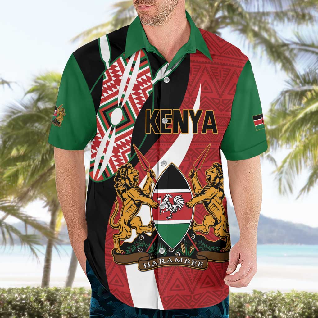 Custom Kenya Football Hawaiian Shirt Maasai Shield Coat Of Arms Style