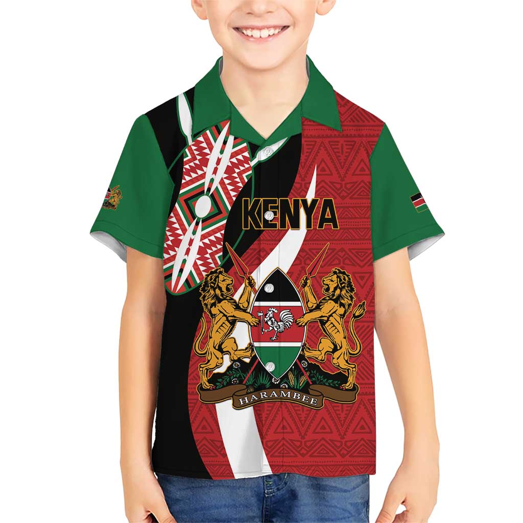 Custom Kenya Football Kid Hawaiian Shirt Maasai Shield Coat Of Arms Style