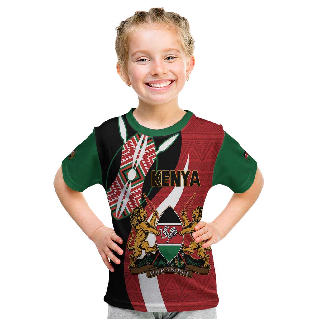 Custom Kenya Football Kid T Shirt Maasai Shield Coat Of Arms Style