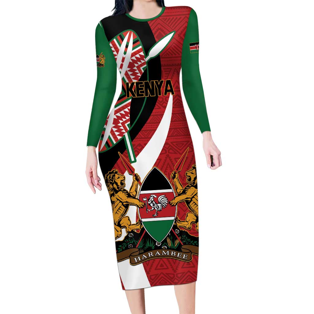 Custom Kenya Football Long Sleeve Bodycon Dress Maasai Shield Coat Of Arms Style