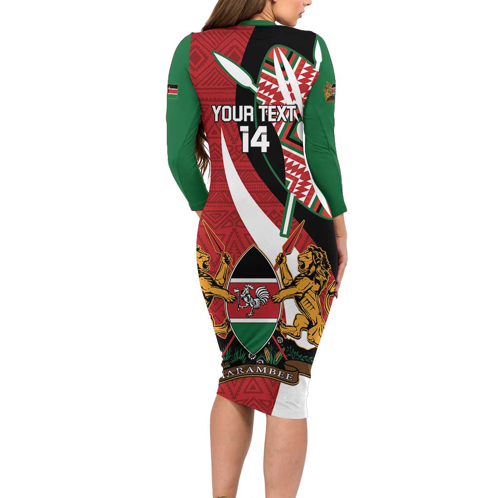 Custom Kenya Football Long Sleeve Bodycon Dress Maasai Shield Coat Of Arms Style