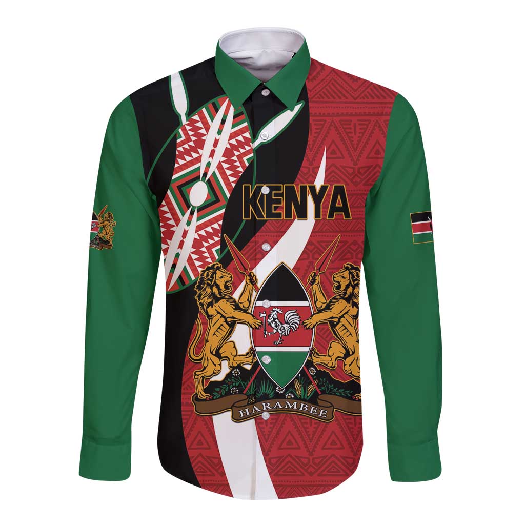 Custom Kenya Football Long Sleeve Button Shirt Maasai Shield Coat Of Arms Style