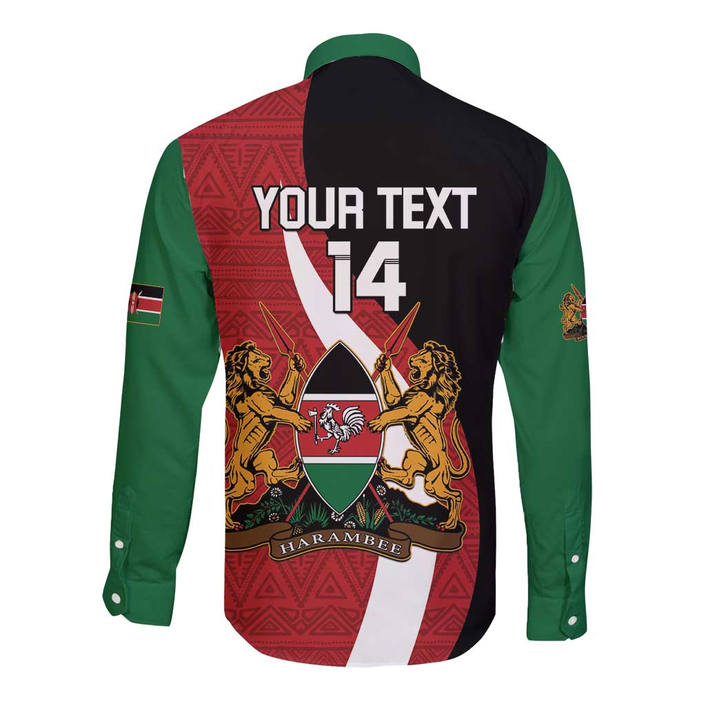 Custom Kenya Football Long Sleeve Button Shirt Maasai Shield Coat Of Arms Style