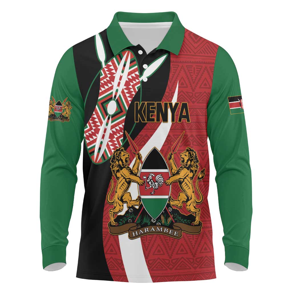 Custom Kenya Football Long Sleeve Polo Shirt Maasai Shield Coat Of Arms Style