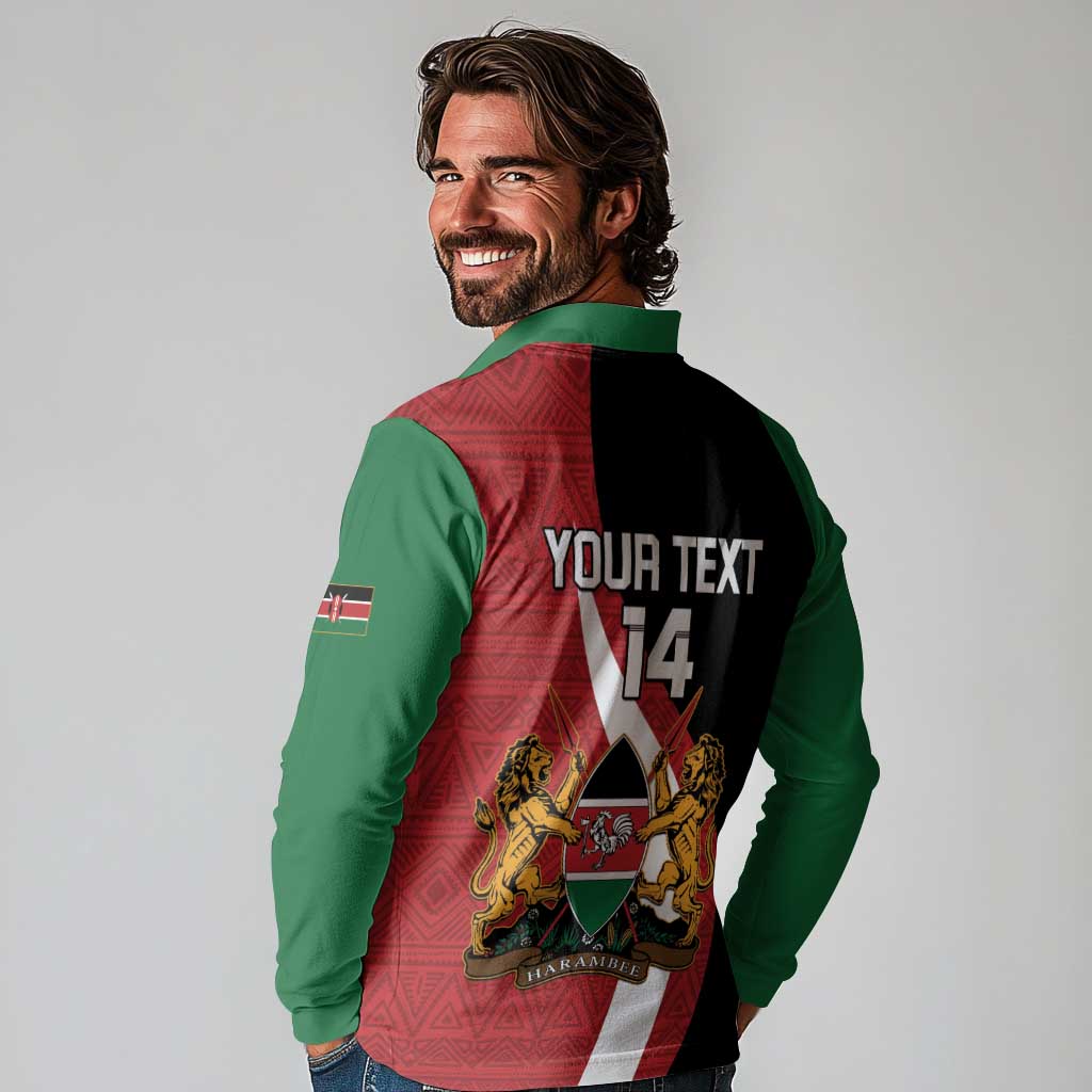 Custom Kenya Football Long Sleeve Polo Shirt Maasai Shield Coat Of Arms Style