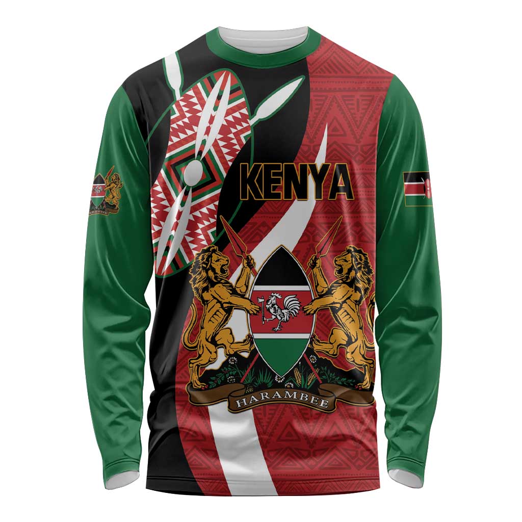 Custom Kenya Football Long Sleeve Shirt Maasai Shield Coat Of Arms Style