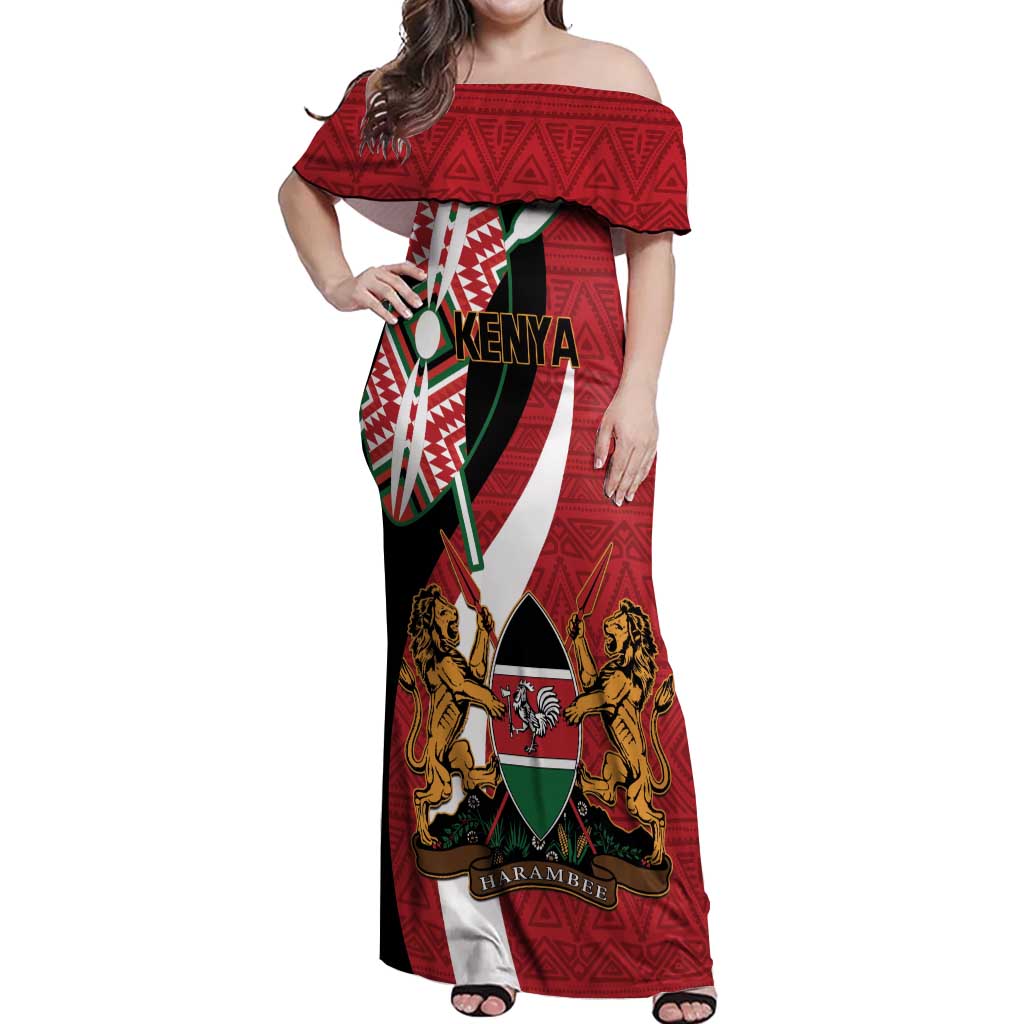 Custom Kenya Football Off Shoulder Maxi Dress Maasai Shield Coat Of Arms Style