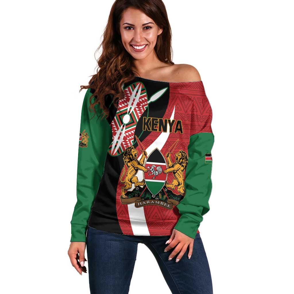 Custom Kenya Football Off Shoulder Sweater Maasai Shield Coat Of Arms Style