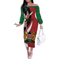 Custom Kenya Football Off The Shoulder Long Sleeve Dress Maasai Shield Coat Of Arms Style