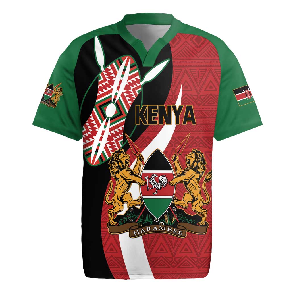 Custom Kenya Football Rugby Jersey Maasai Shield Coat Of Arms Style