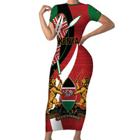 Custom Kenya Football Short Sleeve Bodycon Dress Maasai Shield Coat Of Arms Style