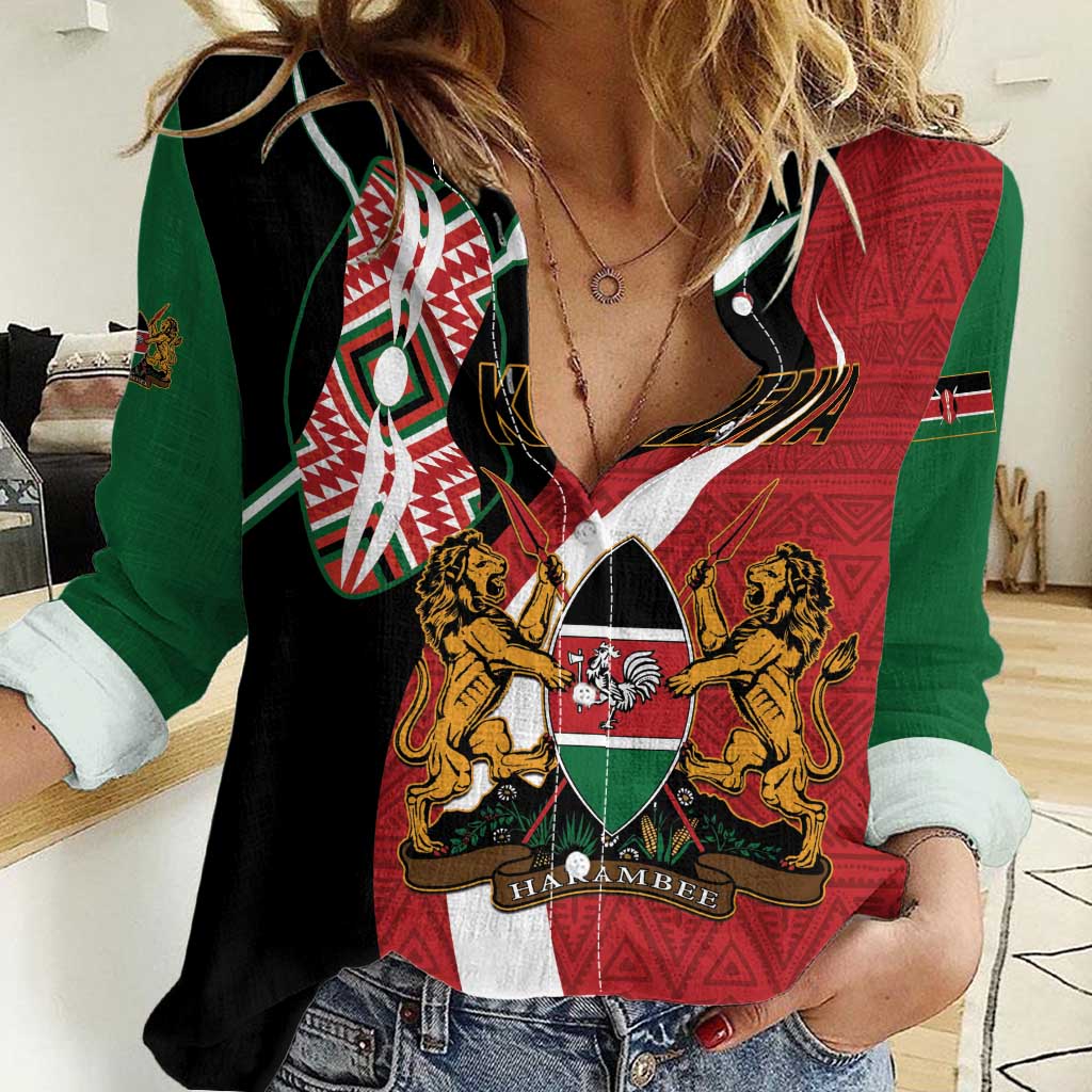 Custom Kenya Football Women Casual Shirt Maasai Shield Coat Of Arms Style