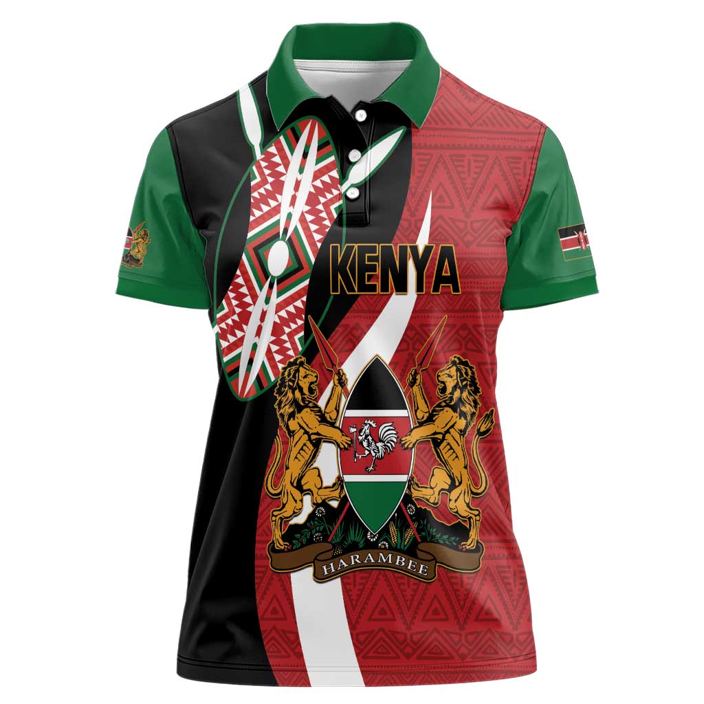 Custom Kenya Football Women Polo Shirt Maasai Shield Coat Of Arms Style