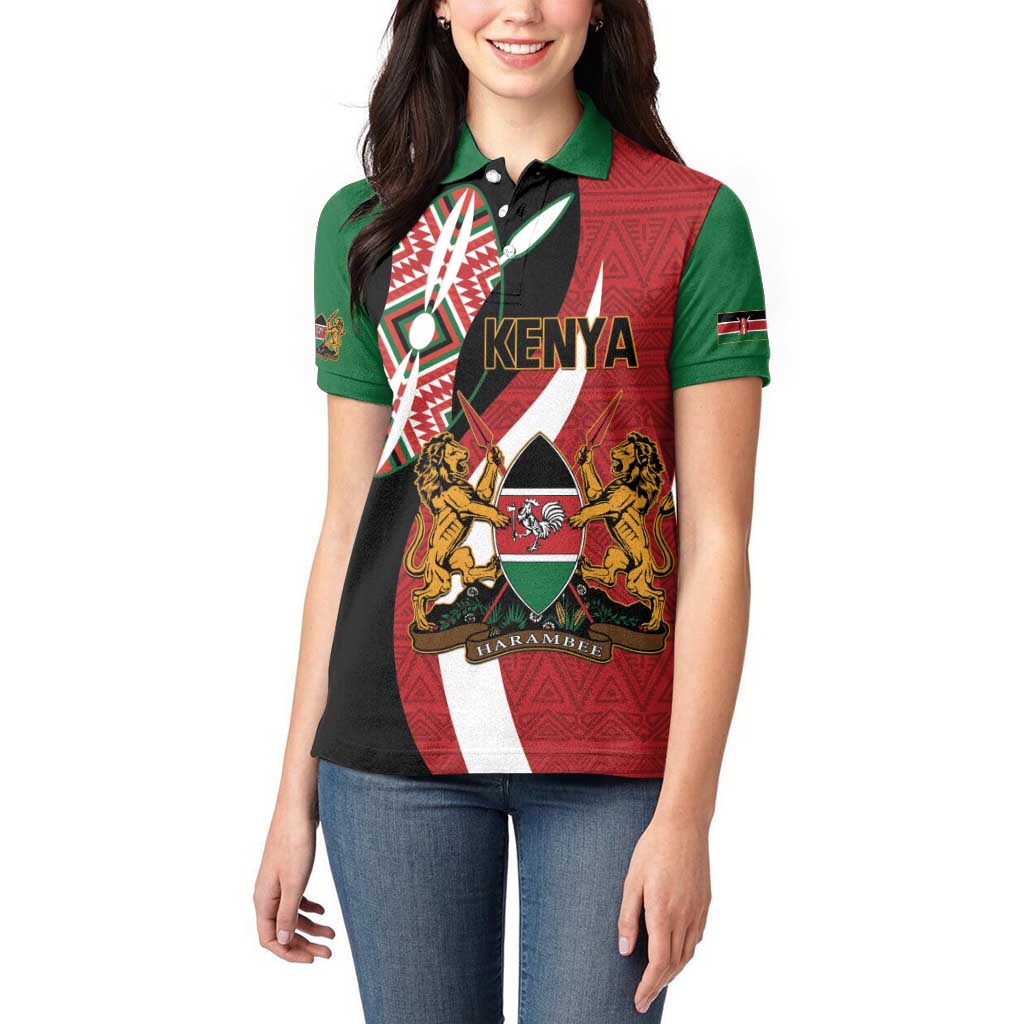 Custom Kenya Football Women Polo Shirt Maasai Shield Coat Of Arms Style