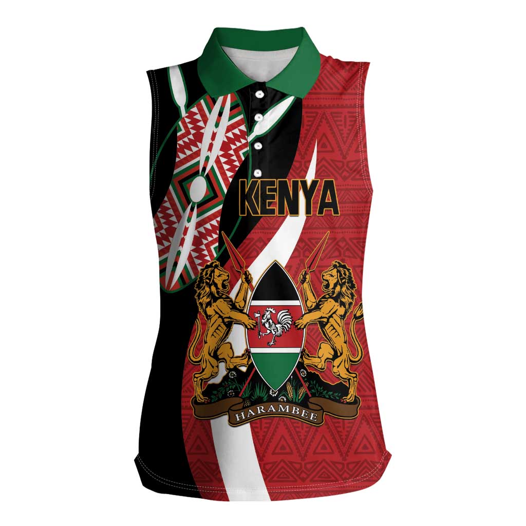 Custom Kenya Football Women Sleeveless Polo Shirt Maasai Shield Coat Of Arms Style