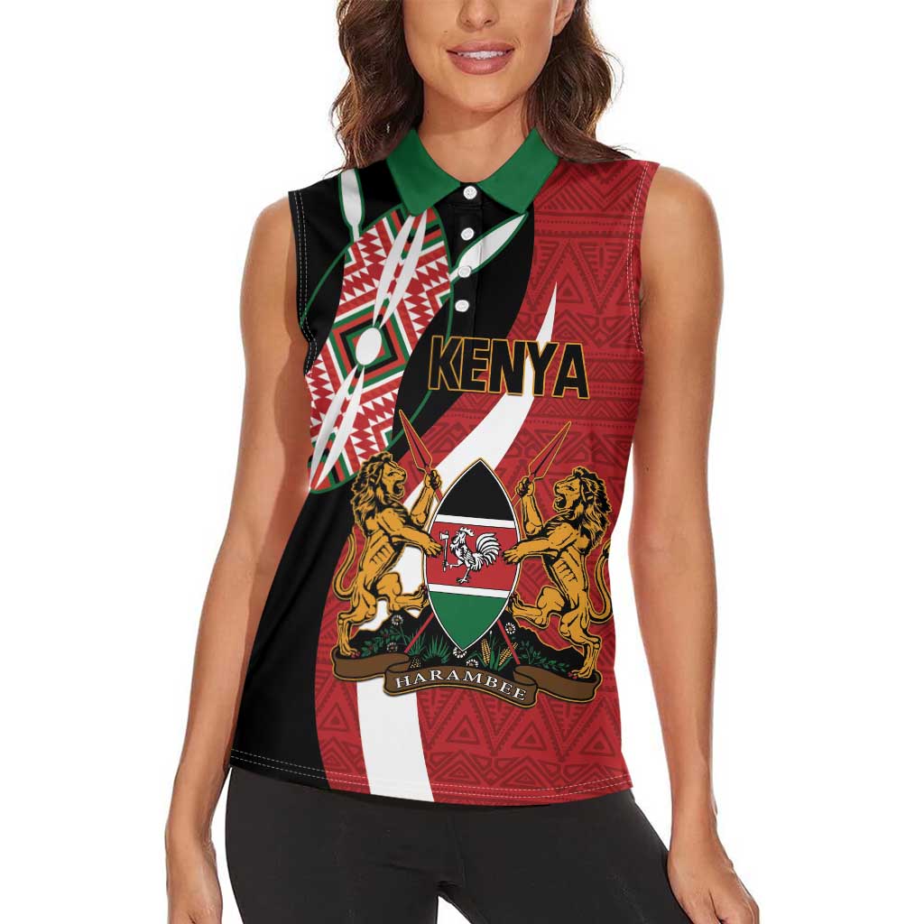Custom Kenya Football Women Sleeveless Polo Shirt Maasai Shield Coat Of Arms Style