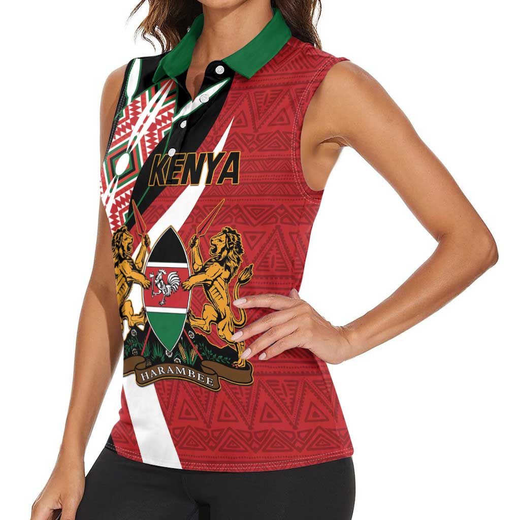Custom Kenya Football Women Sleeveless Polo Shirt Maasai Shield Coat Of Arms Style