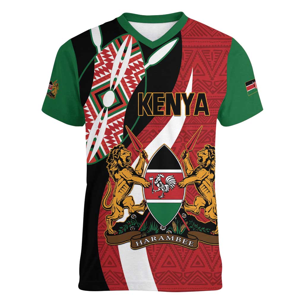 Custom Kenya Football Women V-Neck T-Shirt Maasai Shield Coat Of Arms Style