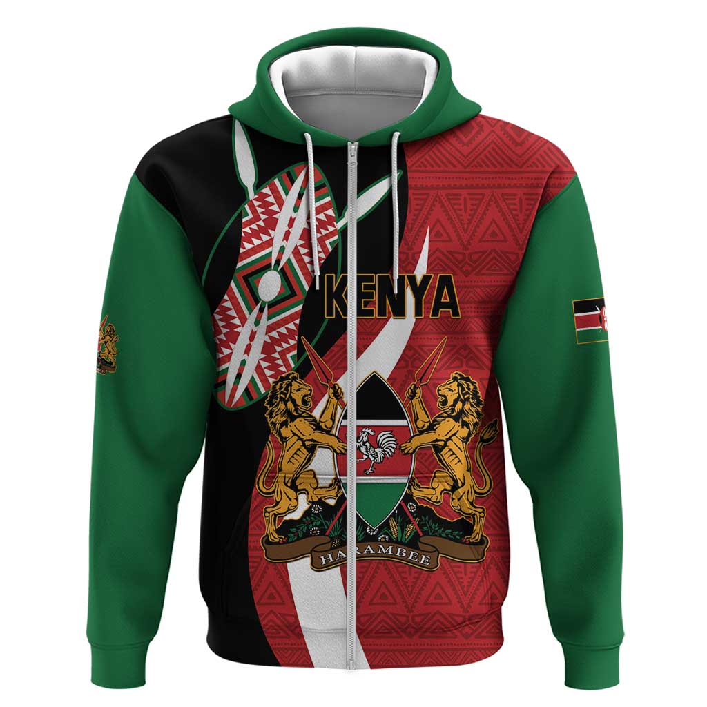 Custom Kenya Football Zip Hoodie Maasai Shield Coat Of Arms Style