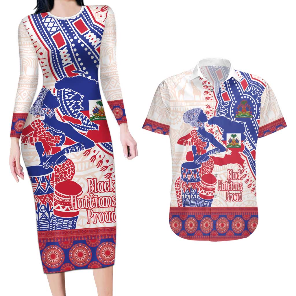 Afro-Haitians Proud Couples Matching Long Sleeve Bodycon Dress and Hawaiian Shirt Haiti Coat Of Arms Dashiki