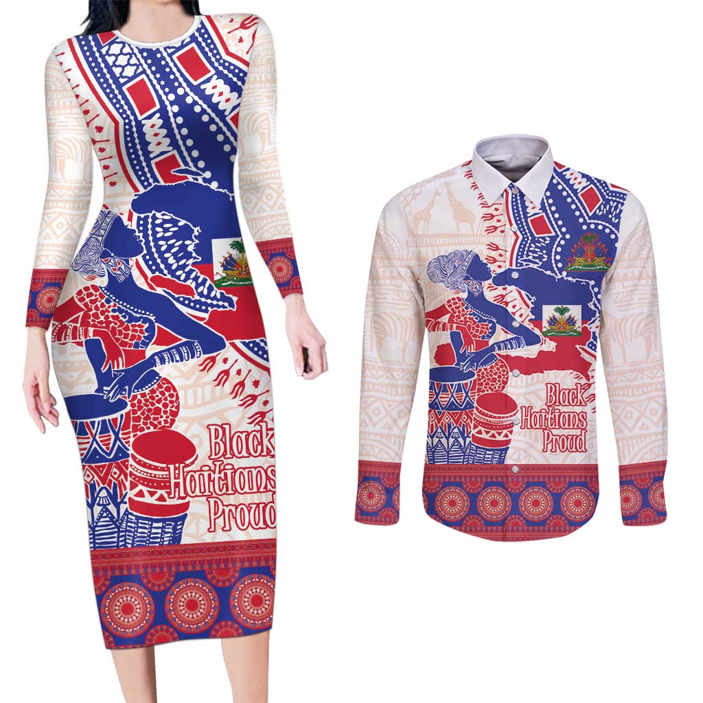 Afro-Haitians Proud Couples Matching Long Sleeve Bodycon Dress and Long Sleeve Button Shirt Haiti Coat Of Arms Dashiki