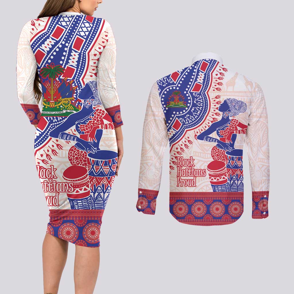 Afro-Haitians Proud Couples Matching Long Sleeve Bodycon Dress and Long Sleeve Button Shirt Haiti Coat Of Arms Dashiki