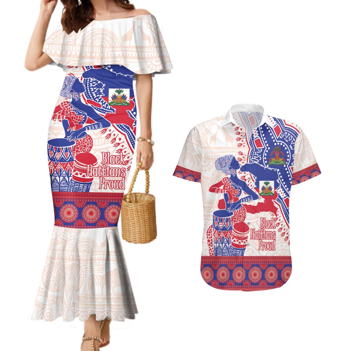 Afro-Haitians Proud Couples Matching Mermaid Dress and Hawaiian Shirt Haiti Coat Of Arms Dashiki