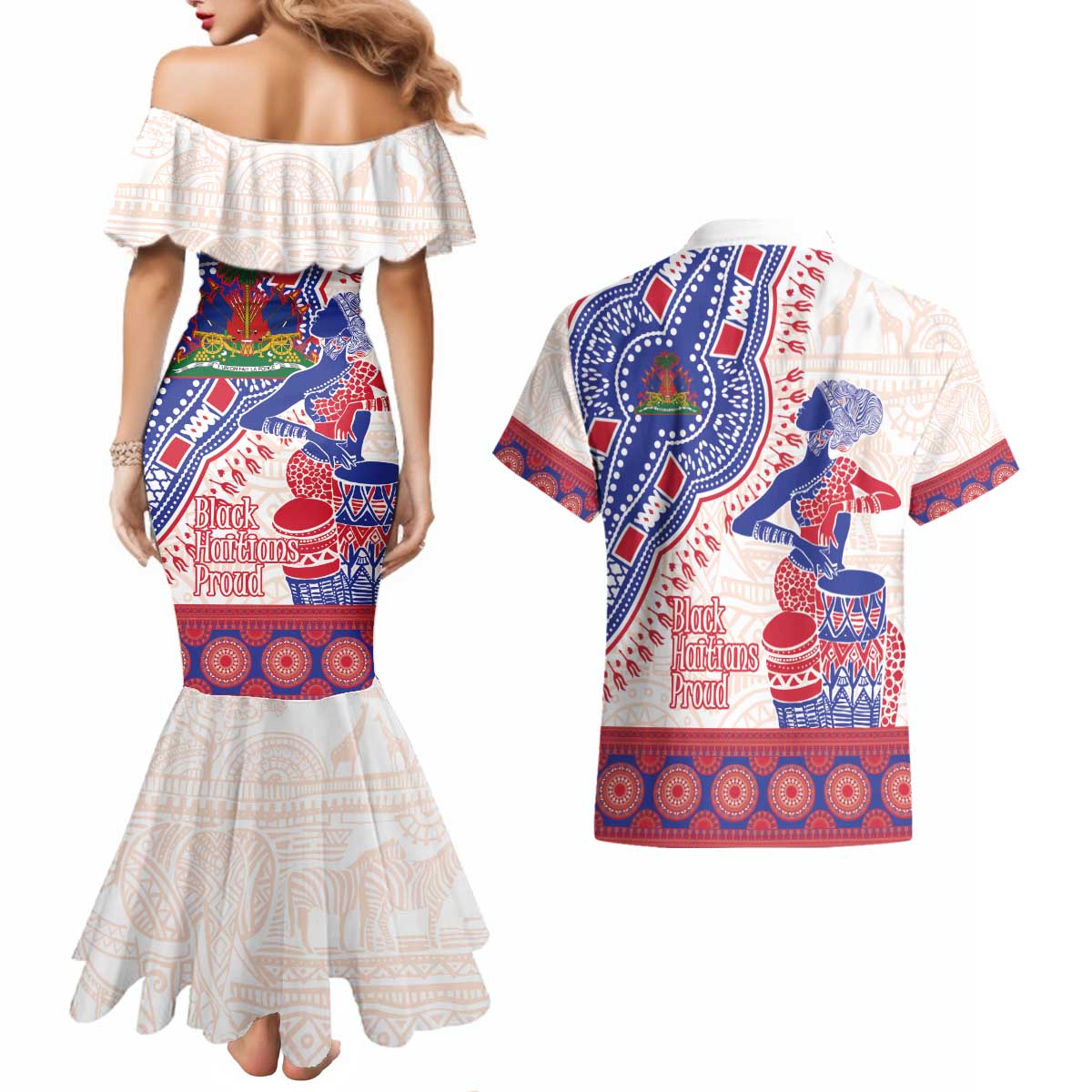 Afro-Haitians Proud Couples Matching Mermaid Dress and Hawaiian Shirt Haiti Coat Of Arms Dashiki