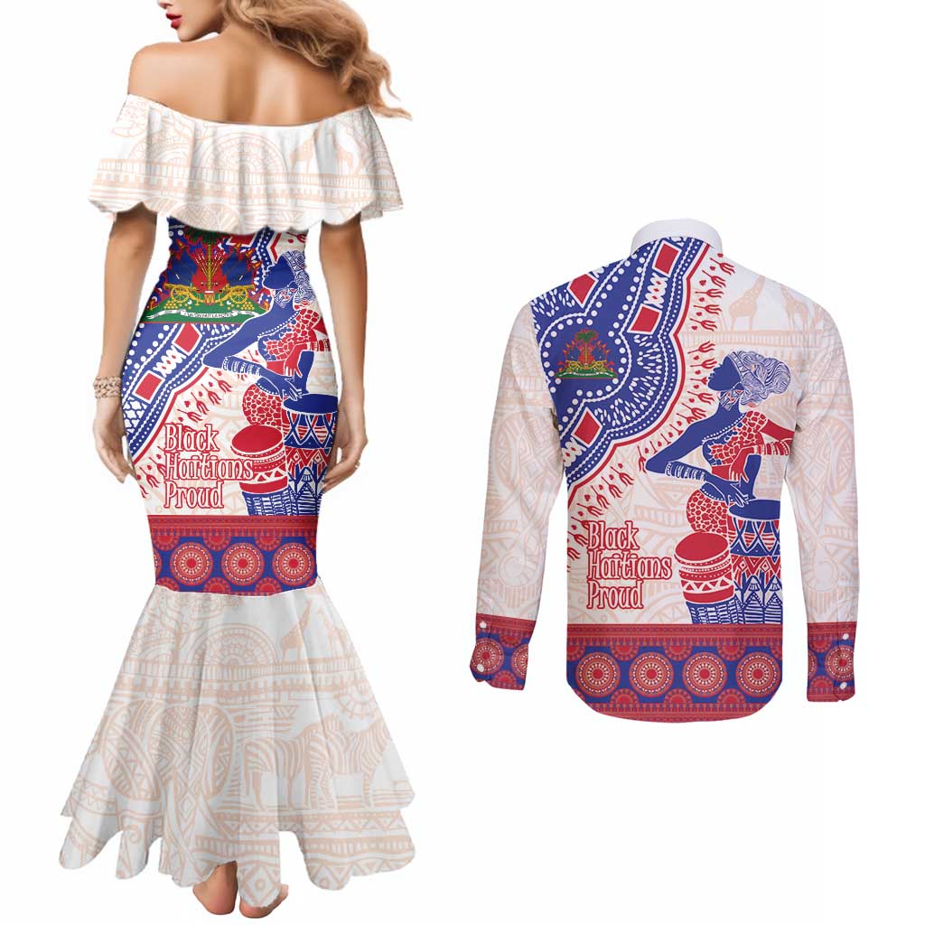Afro-Haitians Proud Couples Matching Mermaid Dress and Long Sleeve Button Shirt Haiti Coat Of Arms Dashiki
