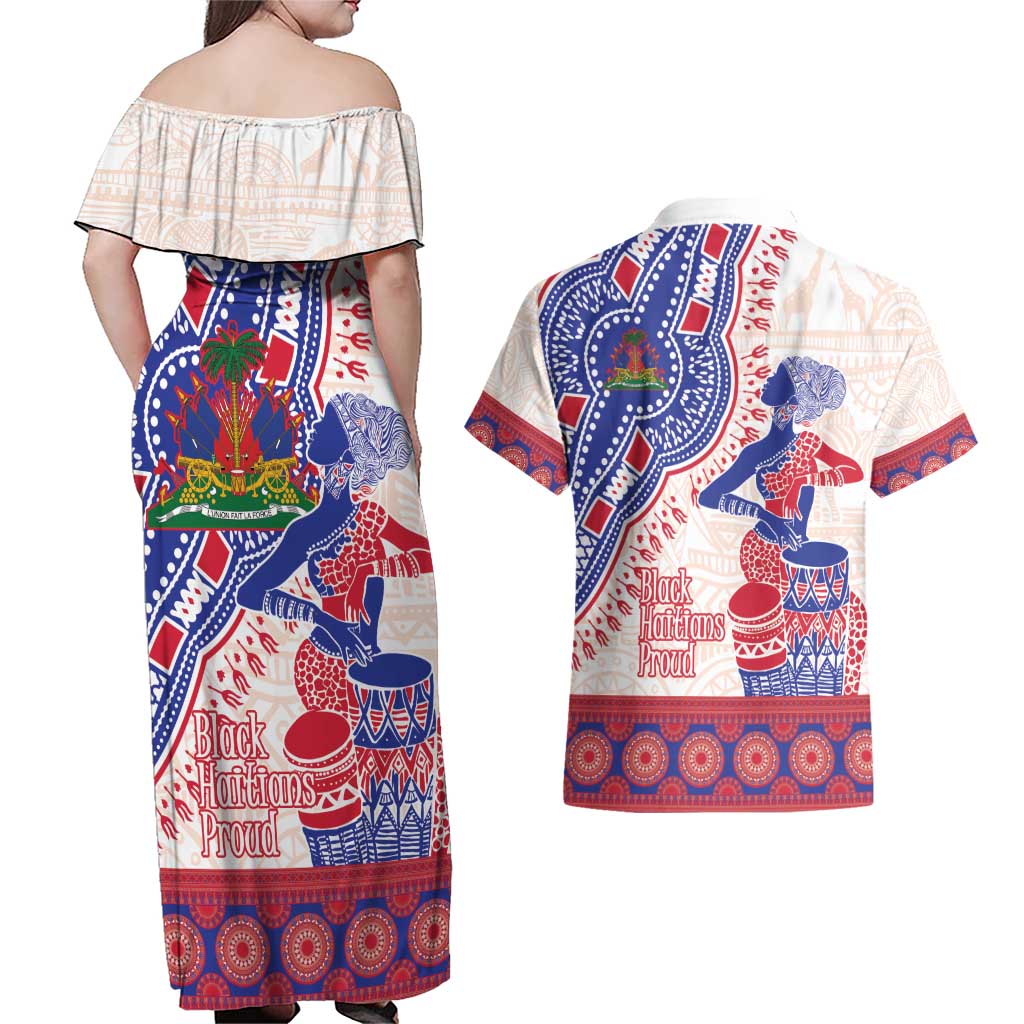 Afro-Haitians Proud Couples Matching Off Shoulder Maxi Dress and Hawaiian Shirt Haiti Coat Of Arms Dashiki