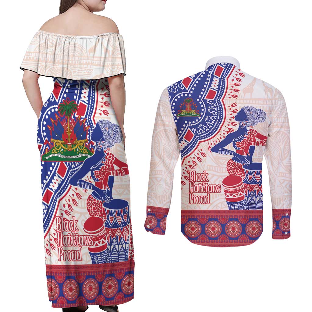 Afro-Haitians Proud Couples Matching Off Shoulder Maxi Dress and Long Sleeve Button Shirt Haiti Coat Of Arms Dashiki