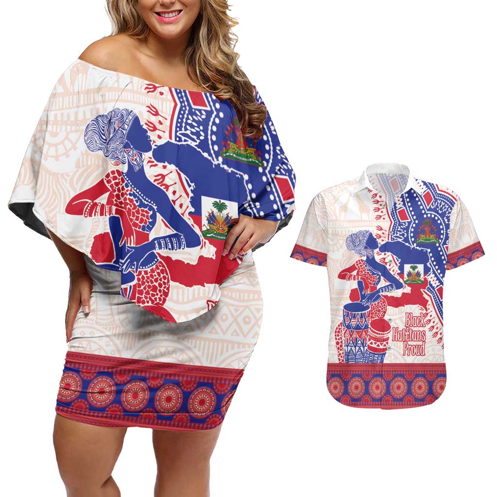 Afro-Haitians Proud Couples Matching Off Shoulder Short Dress and Hawaiian Shirt Haiti Coat Of Arms Dashiki