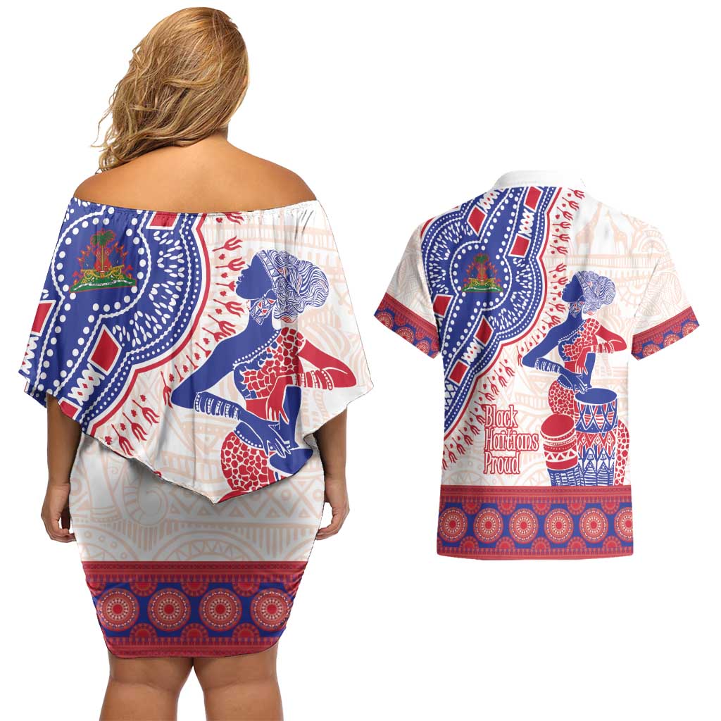 Afro-Haitians Proud Couples Matching Off Shoulder Short Dress and Hawaiian Shirt Haiti Coat Of Arms Dashiki