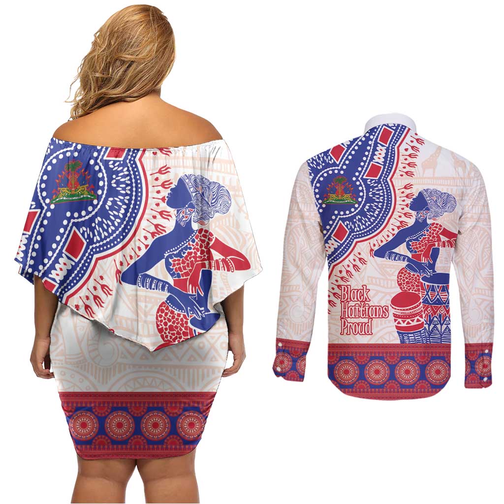 Afro-Haitians Proud Couples Matching Off Shoulder Short Dress and Long Sleeve Button Shirt Haiti Coat Of Arms Dashiki