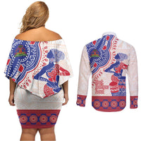 Afro-Haitians Proud Couples Matching Off Shoulder Short Dress and Long Sleeve Button Shirt Haiti Coat Of Arms Dashiki