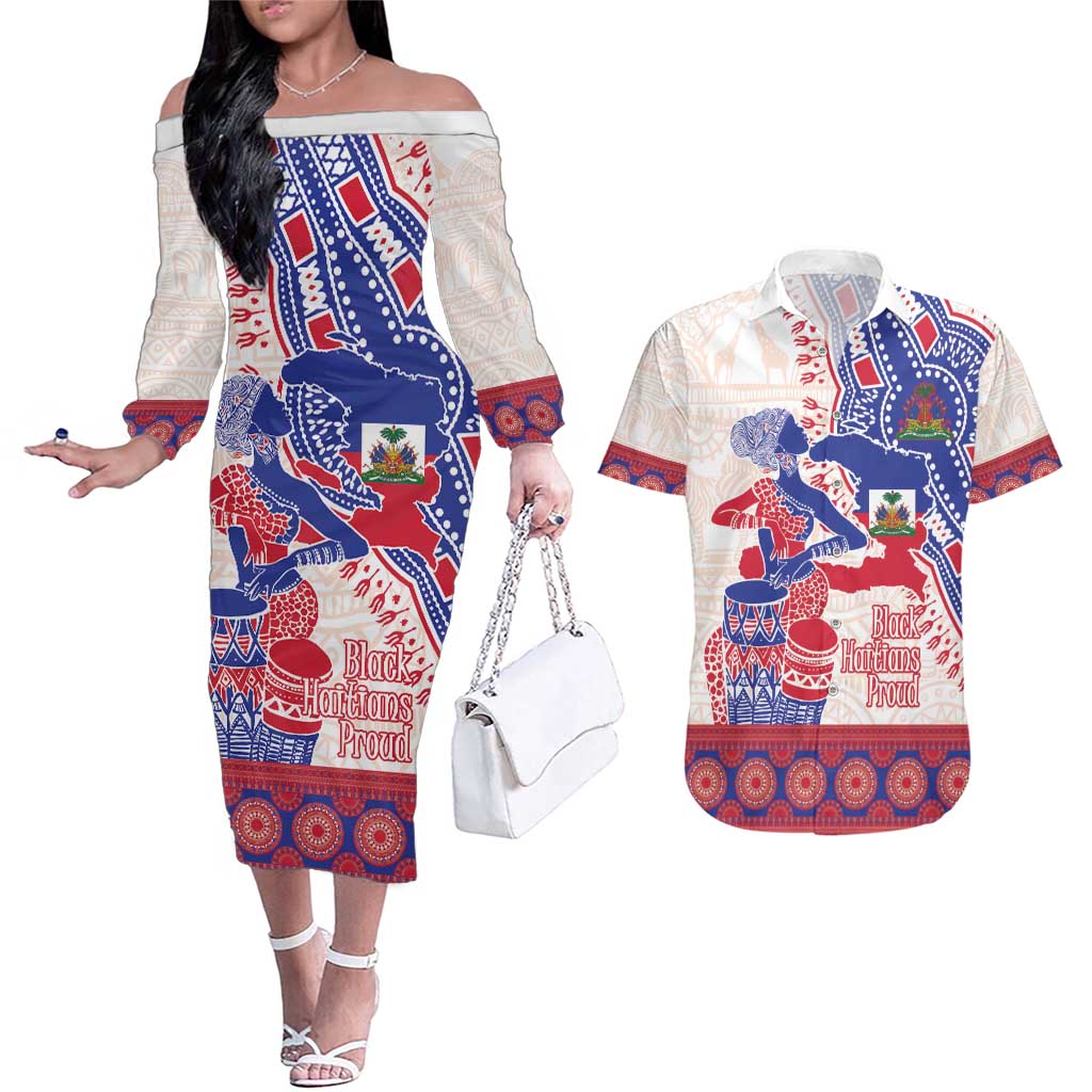 Afro-Haitians Proud Couples Matching Off The Shoulder Long Sleeve Dress and Hawaiian Shirt Haiti Coat Of Arms Dashiki