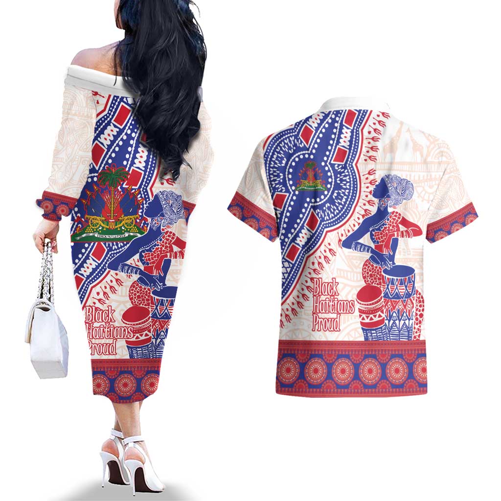 Afro-Haitians Proud Couples Matching Off The Shoulder Long Sleeve Dress and Hawaiian Shirt Haiti Coat Of Arms Dashiki