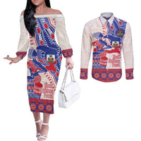 Afro-Haitians Proud Couples Matching Off The Shoulder Long Sleeve Dress and Long Sleeve Button Shirt Haiti Coat Of Arms Dashiki