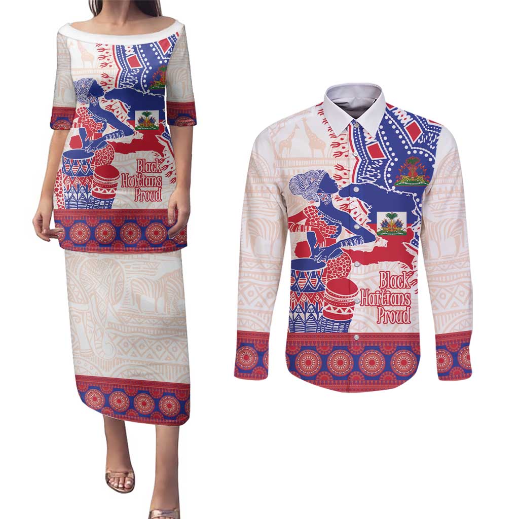 Afro-Haitians Proud Couples Matching Puletasi and Long Sleeve Button Shirt Haiti Coat Of Arms Dashiki
